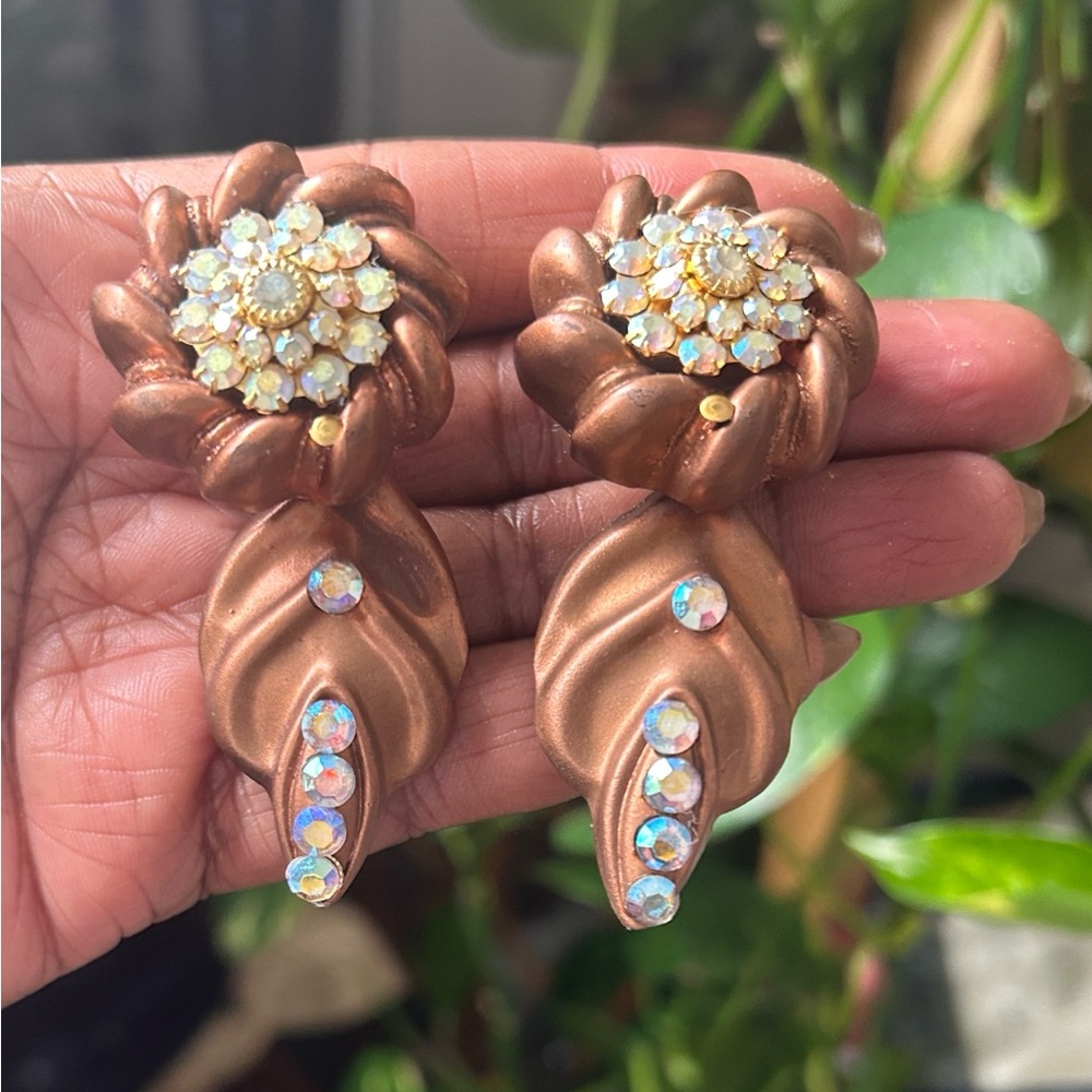 Vintage Jeff Lieb Bronze Floral Crystal Earrings
